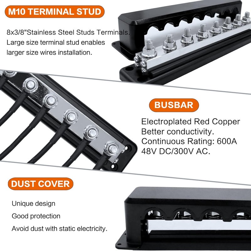 AMOMD 600 A High Current Copper Bus Bar 300V AC / 48V DC 8 Way 3/8 inch (M10) Studs 8#8-32 Screws Electrical Terminal Ground Distribution Block Battery Buss Bars with Cover (Black) - Image 3